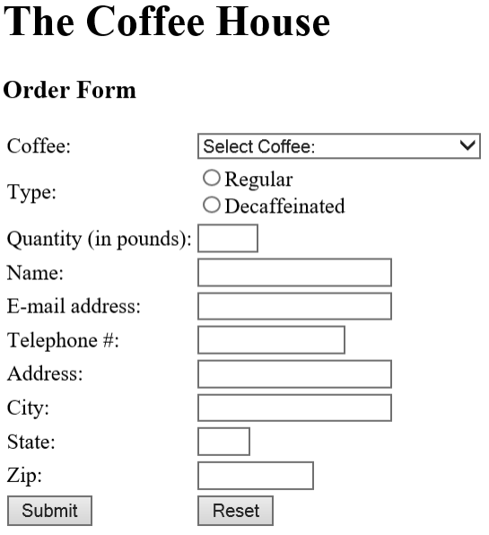 PHP Create a form to allow the user to order coffee online