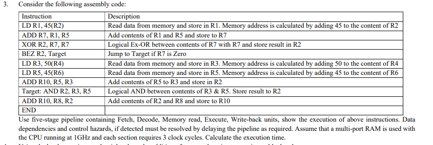 3. Consider the following assembly code: Instruction Description LD R1, 45(R2)