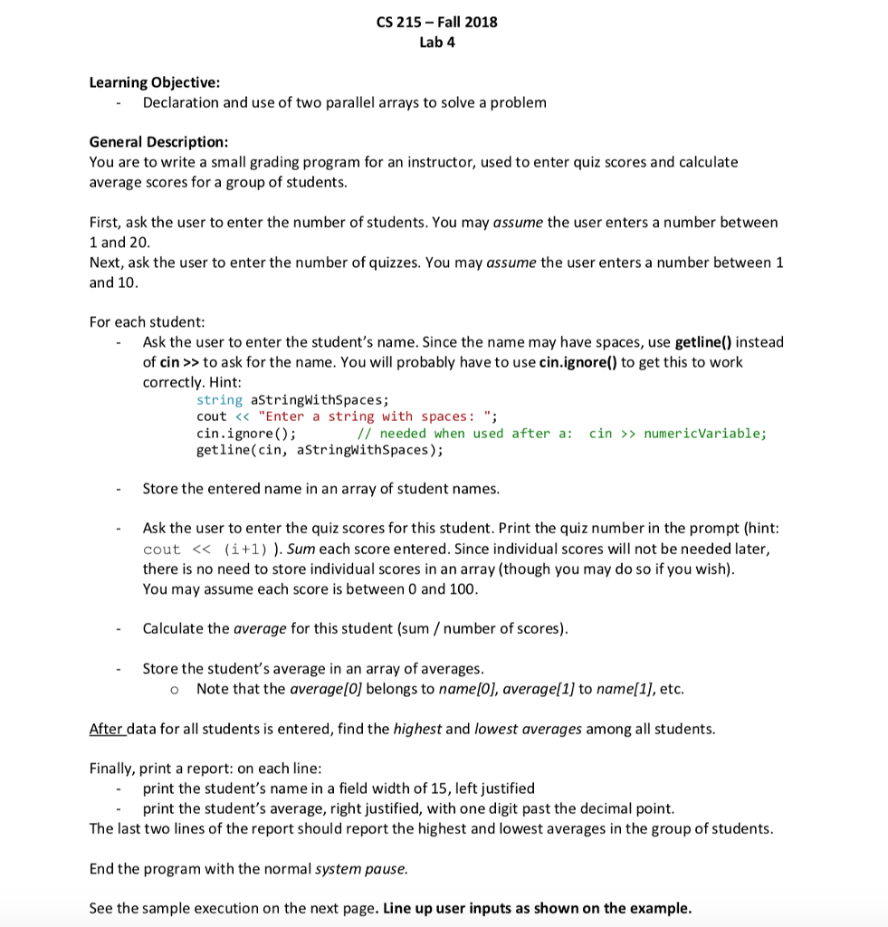 c++!! CS 215-Fall 2018 Lab 4 Learning Objective: Declaration and use of