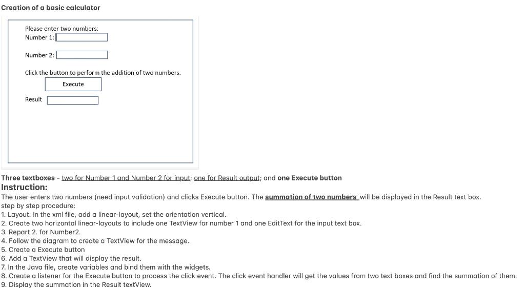 Android Studio Creation of a basic calculator Please enter two numbers: Number