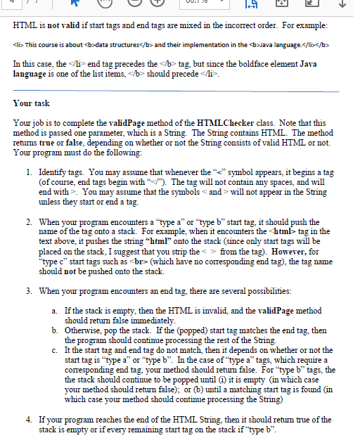 JAVA need help with validPage() HTML is not valid if start tags