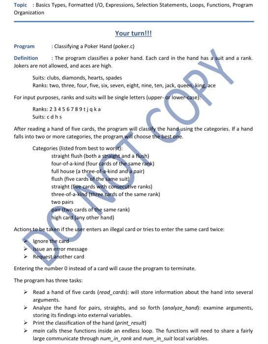 in C code Topic : Basics Types, Formatted I/O, Expressions, Selection Statements,