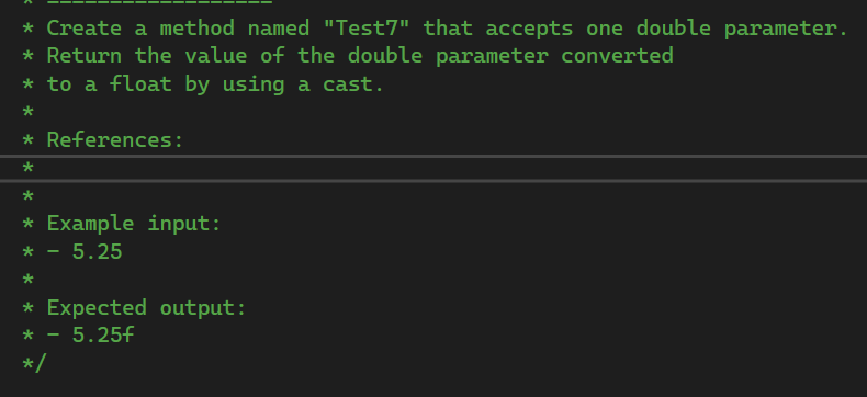  Create a method named "Test7" that accepts one double parameter. Return