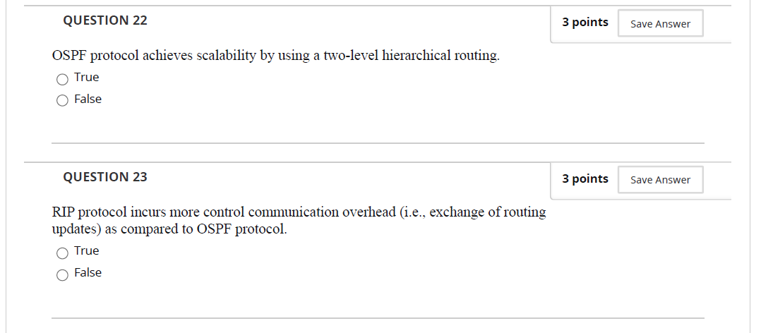  QUESTION 22 3 points Save Answer OSPF protocol achieves scalability by