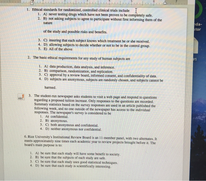 1. Ethical standards for randomized, controlled clinical trials include I 1.