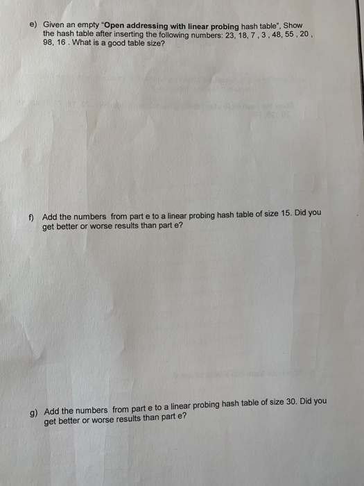  e) Given an empty "Open addressing with linear probing hash table",