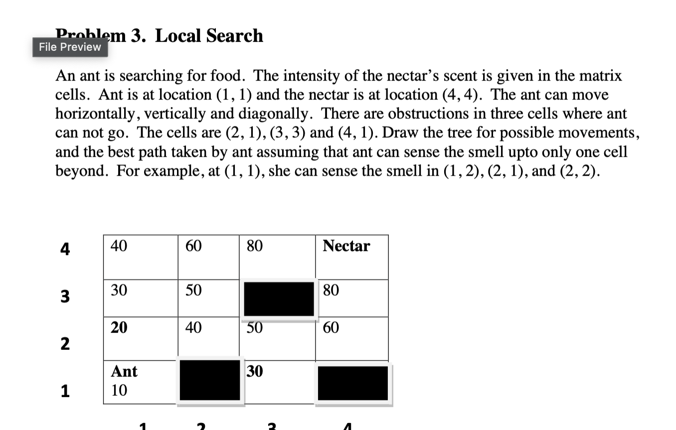  Problem 3. Local Search File Preview An ant is searching for