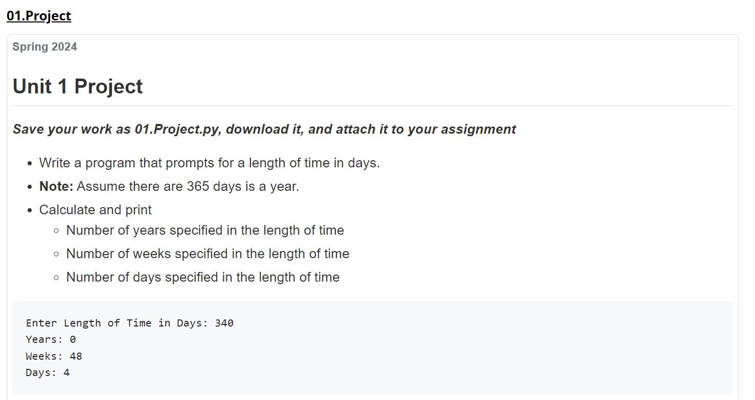  01.Project Spring 2024 Unit 1 Project Save your work as 01.Project.py,