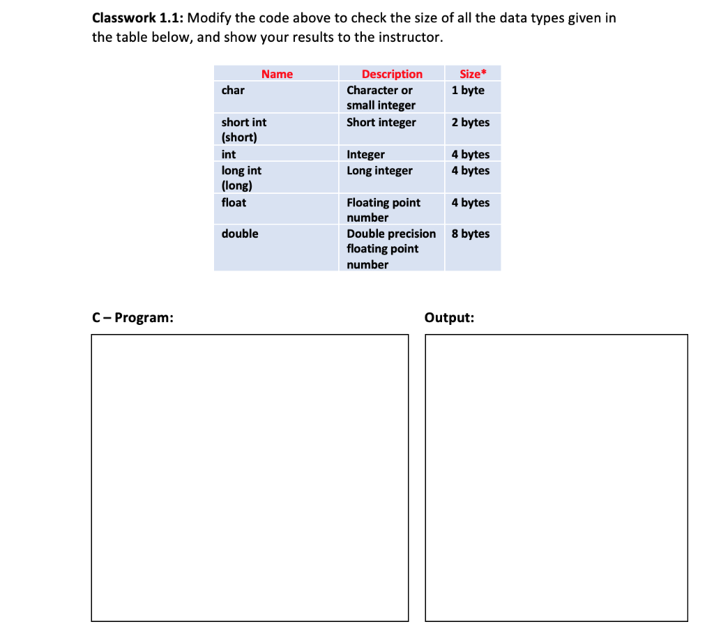 it must be C language Classwork 1.1: Modify the code above to