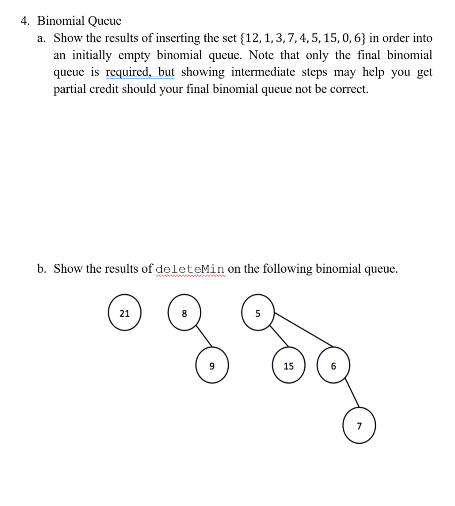 4. Binomial Queue a. Show the results of inserting the set
