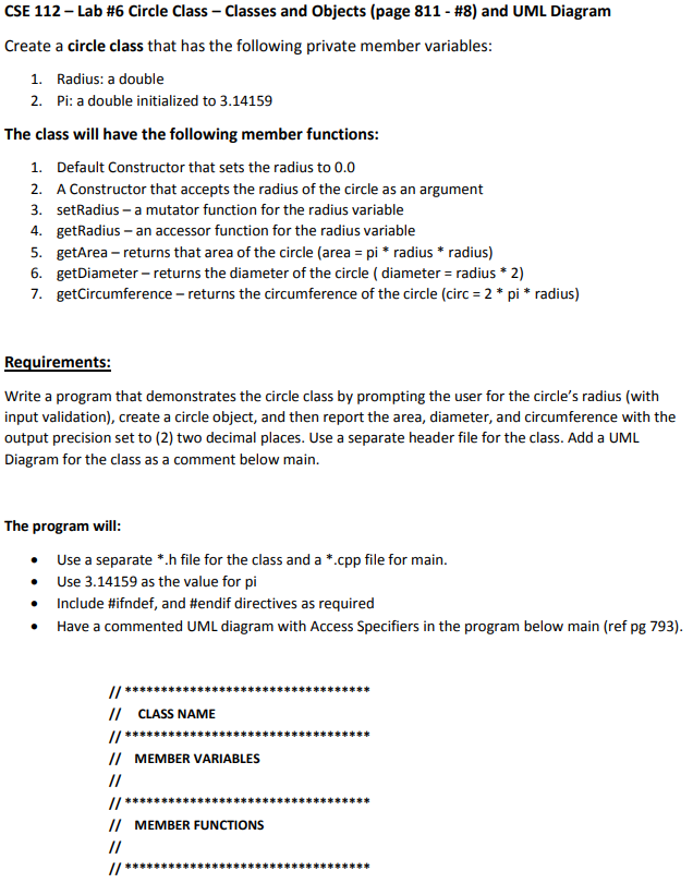  CSE 112-Lab #6 Circle Class-Classes and Objects (page 811-#8) and UML