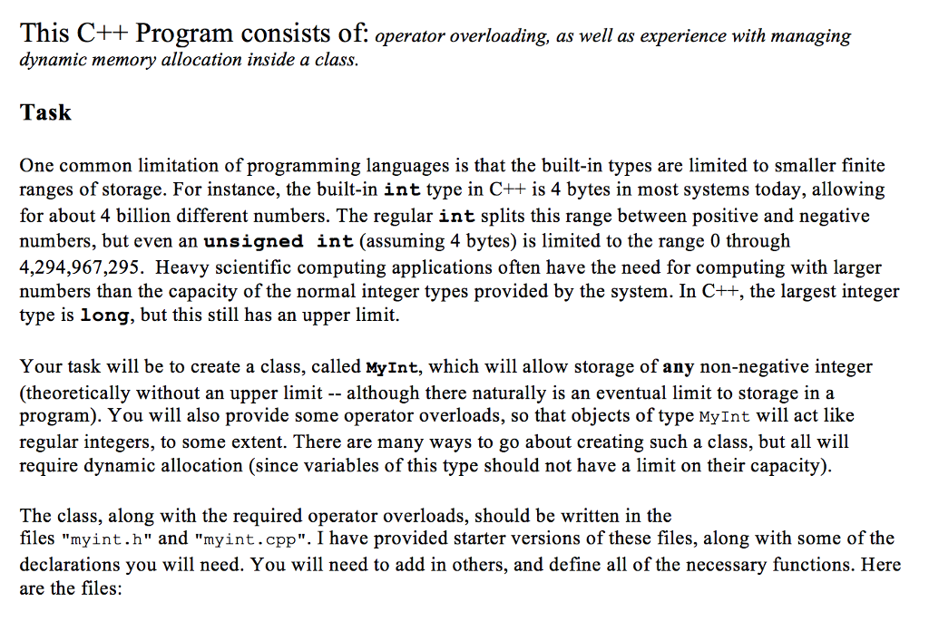 myint.h: // starter file for MyInt class header class MyInt { //