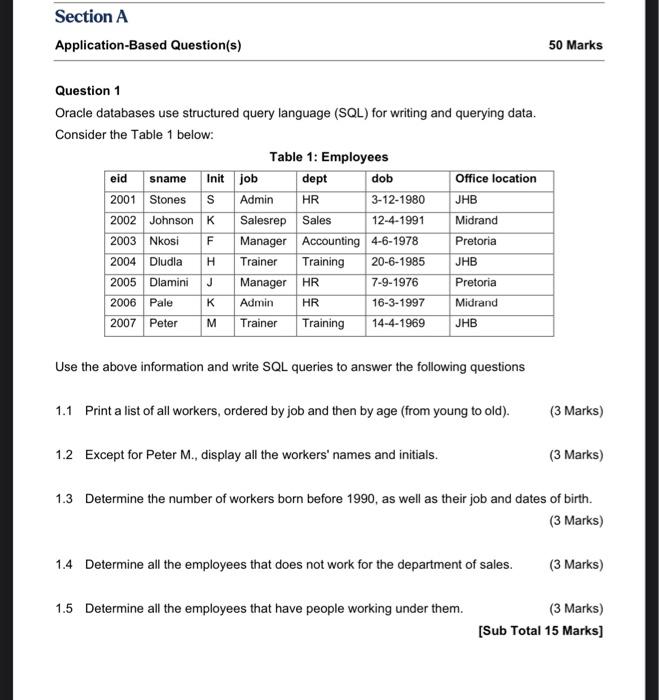  Database Section A Application-Based Question(s) 50 Marks S Question 1 Oracle