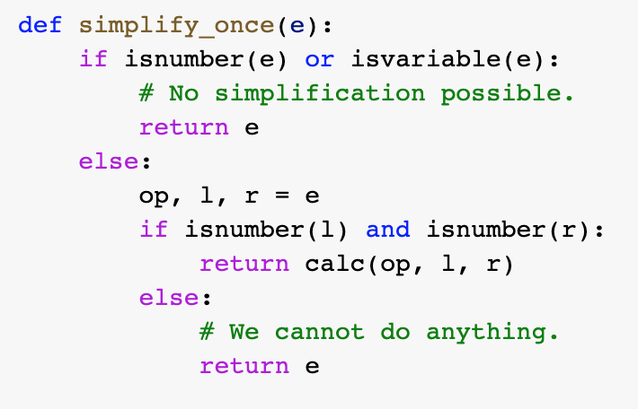 Tests for simplify. 2 points. e = ('+', 6, ('-', 7, 2))