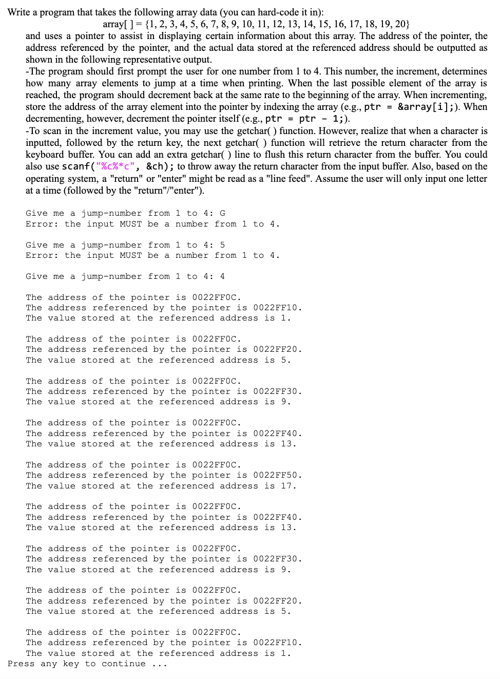C Programming: Pointers Listed after the question is what results should look