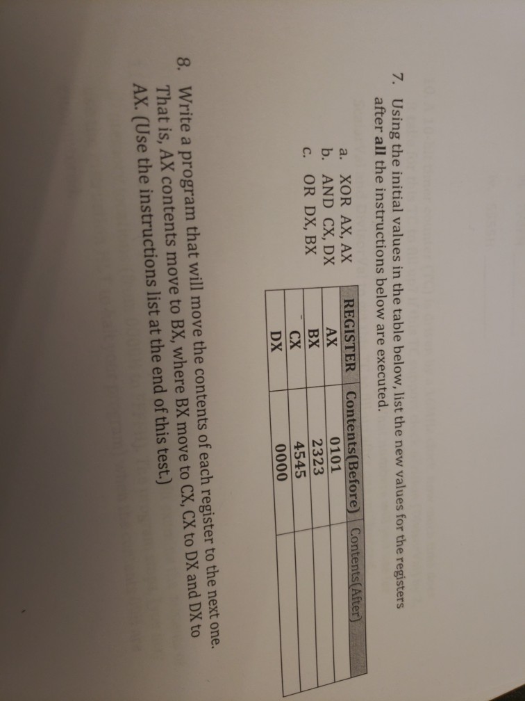 7. Using the initial values in the table below, list the