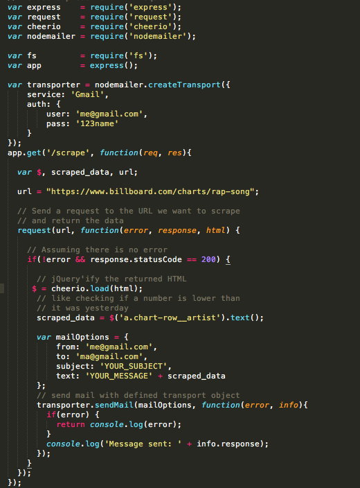 1.I created a node file that will scrape the provided url: https://www.billboard.com/charts/rap-song