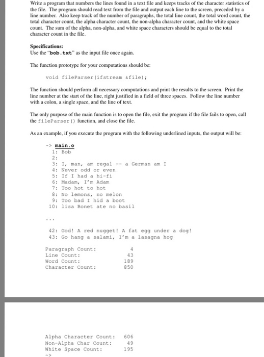 in a text file and keeps tracks of the character statistics of