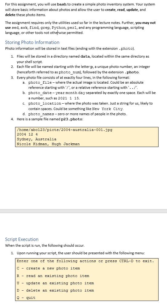 undefined For this assignment, you will use bash to create a simple