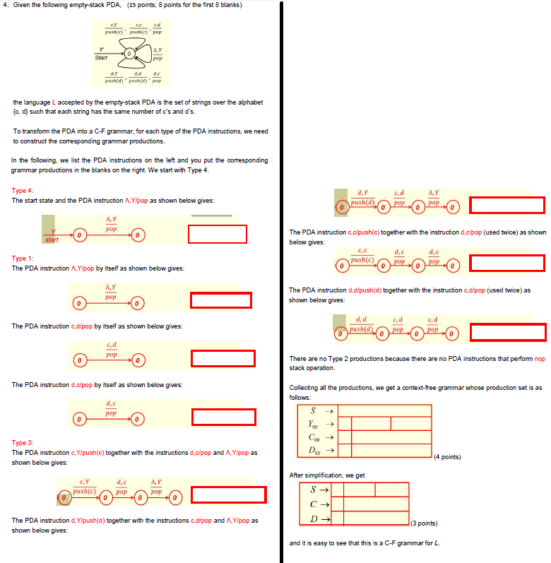  4. Given the following empty-stack PDA, (15 points; 8 points for