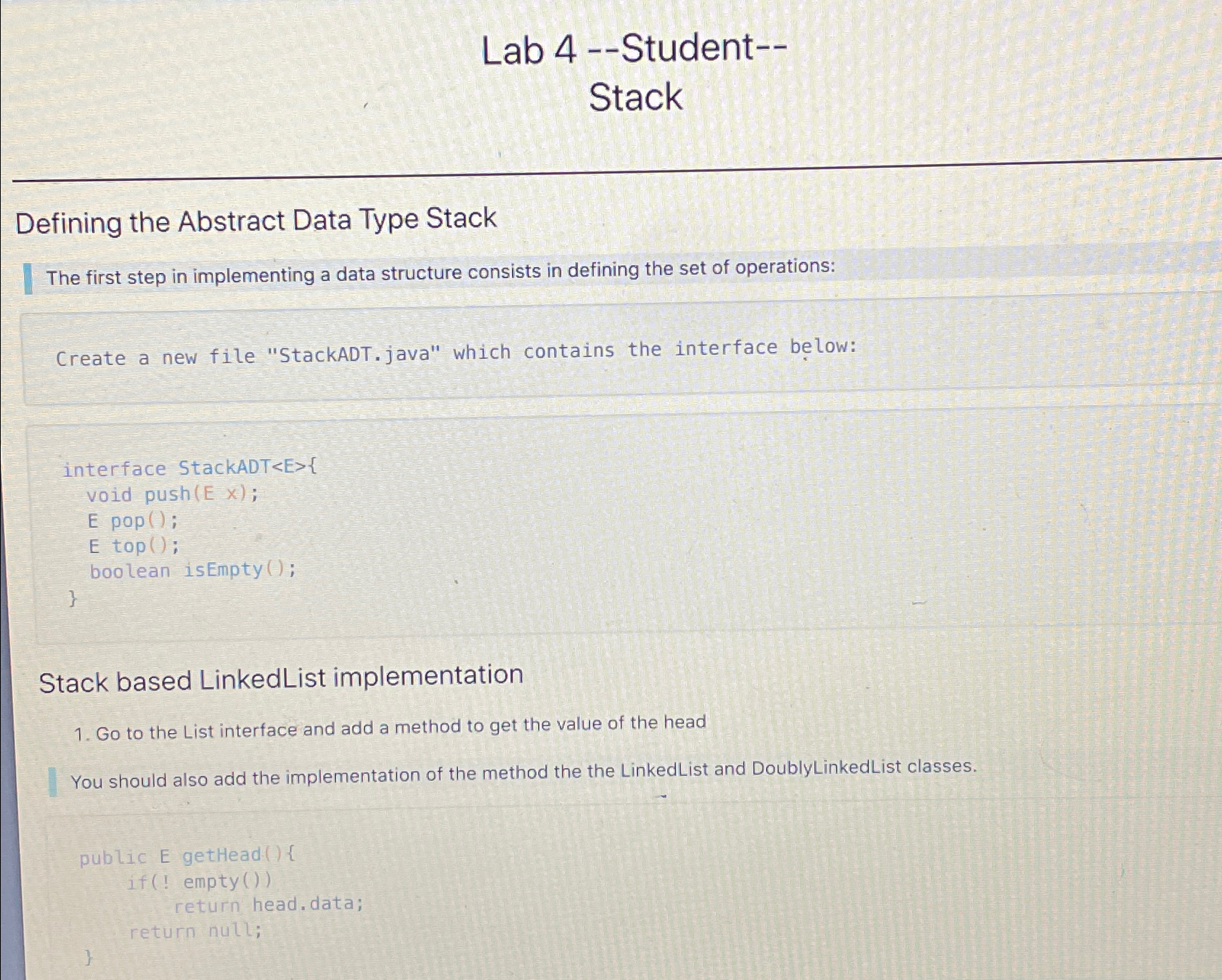  Lab 4--Student-- Stack Defining the Abstract Data Type Stack The first