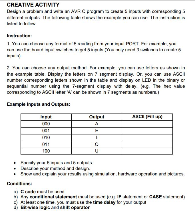 Please provide the complete code CREATIVE ACTIVITY Design a problem and write