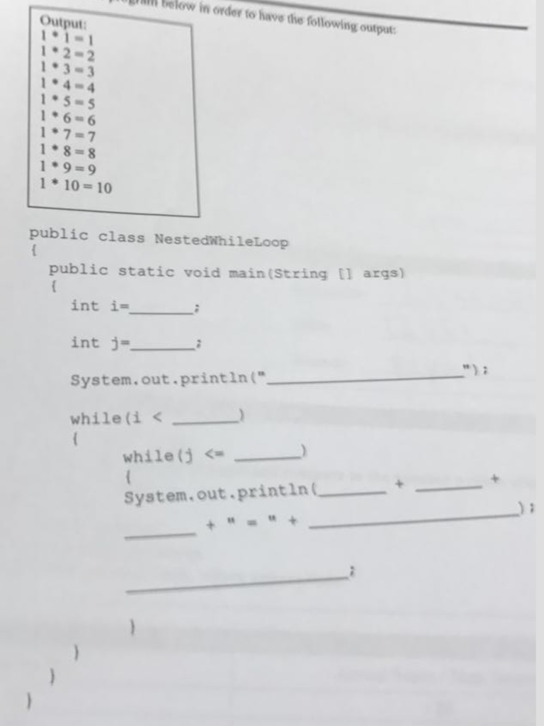  public class NestedWhileloop {public static void main (string [] args) [int