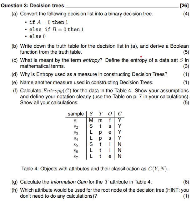  Question 3: Decision trees (a) Convert the following decision list into