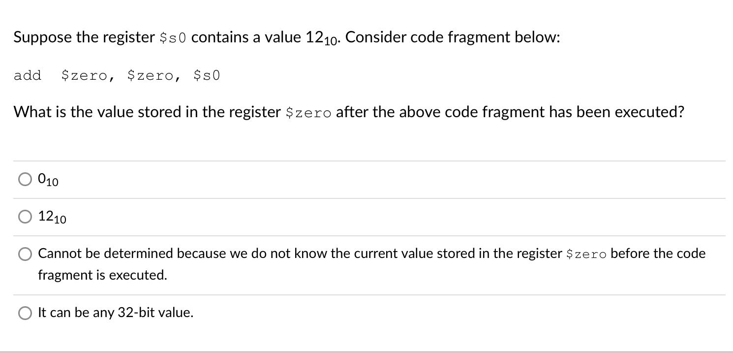 Suppose the register $50 contains a value 1210. Consider code fragment