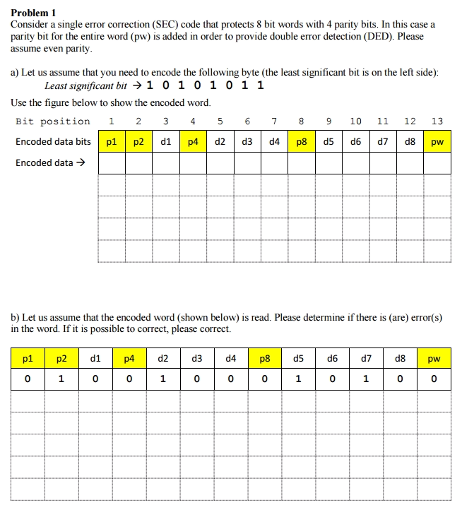 Consider a single error correction (SEC) code that protects 8 bit words