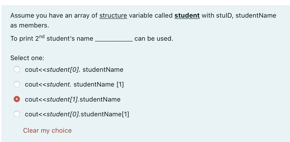 Assume you have an array of structure variable called student with
