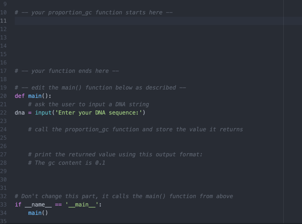 Can you tell how to write code function of proportion_gc (on atom)