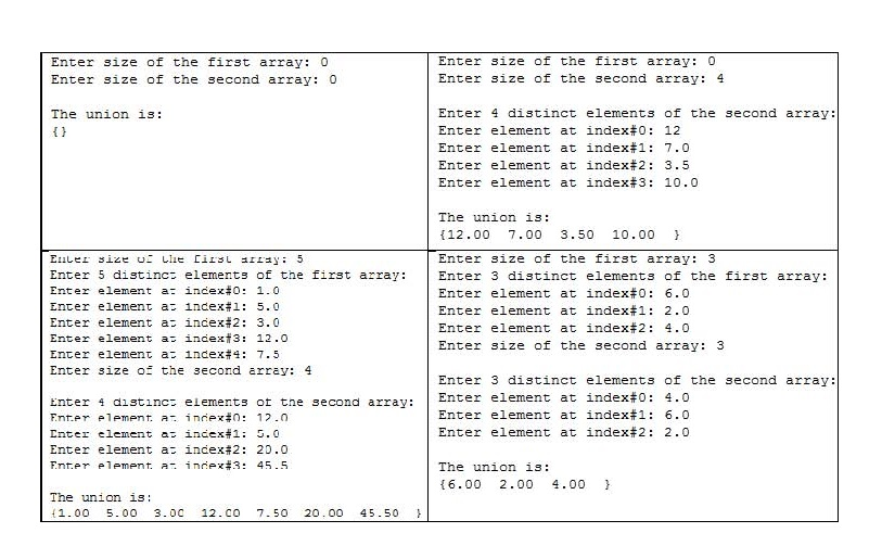reads the sizes of two 1D-arrays and then it prompts for and