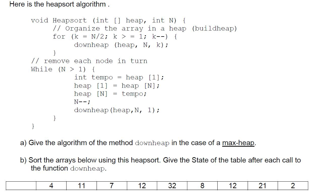  Here is the heapsort algorithm void Heapsort (int [] heap, int