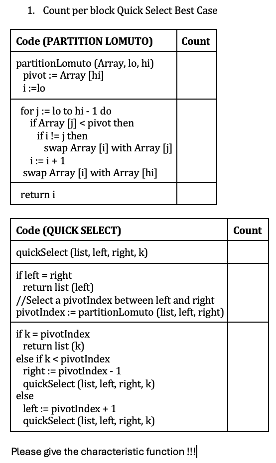  Count per block Quick Select Best Case Please give the characteristic