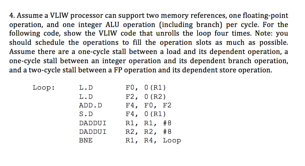  Assume a VLIW processor can support two memory references, one floating-point