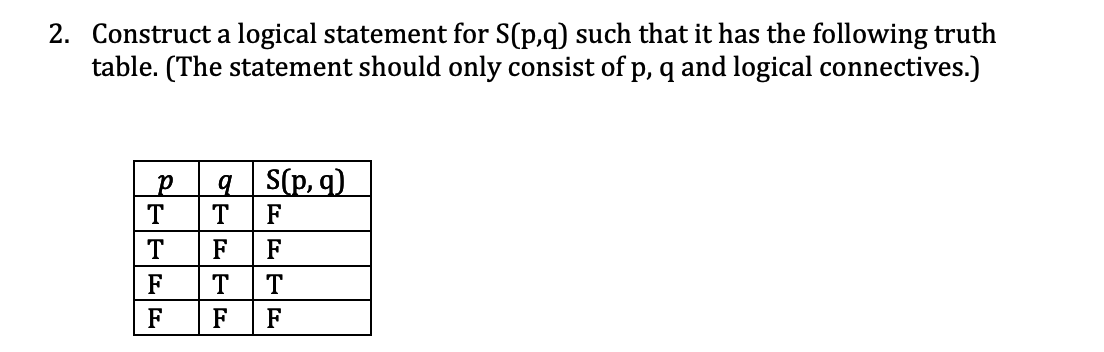  2. Construct a logical statement for S(p,q) such that it has