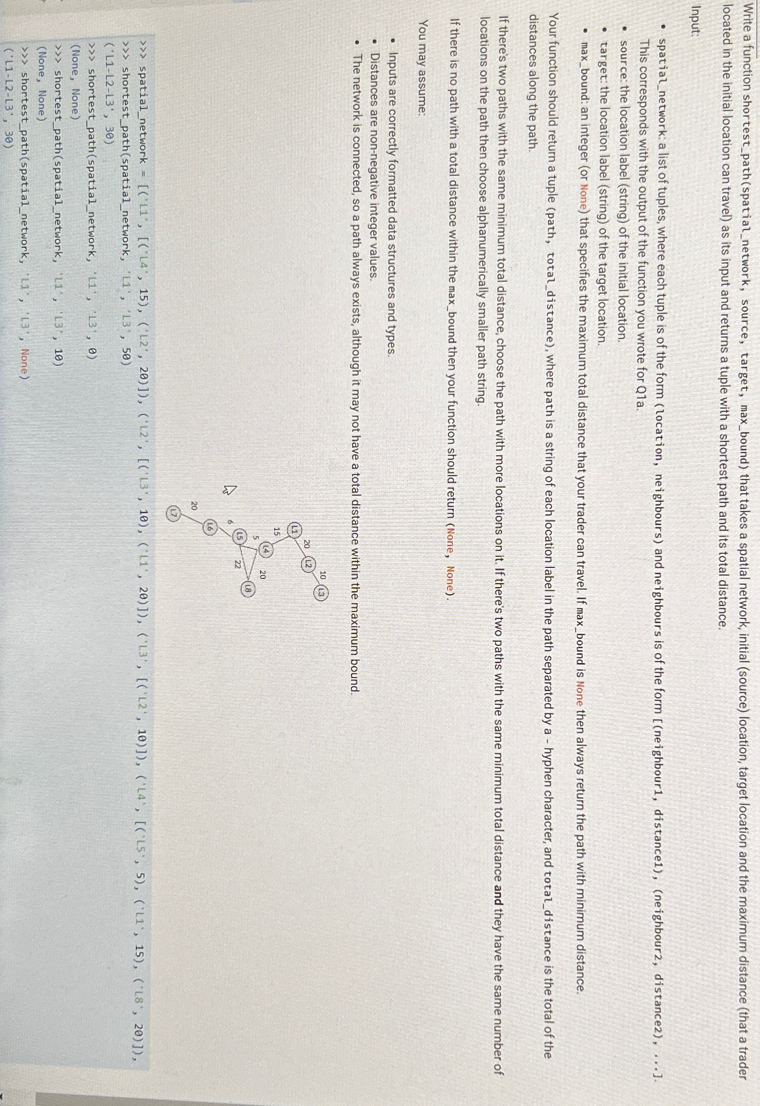  Write a function shortest_path(spatial_network, source, target, max_bound) that takes a spatial