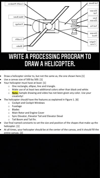 Write a processing program, to draw a helicopter. wobei Wibo mooi T
