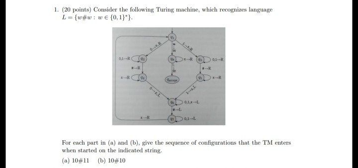 1. (20 points) Consider the following Turing machine, which recognizes language