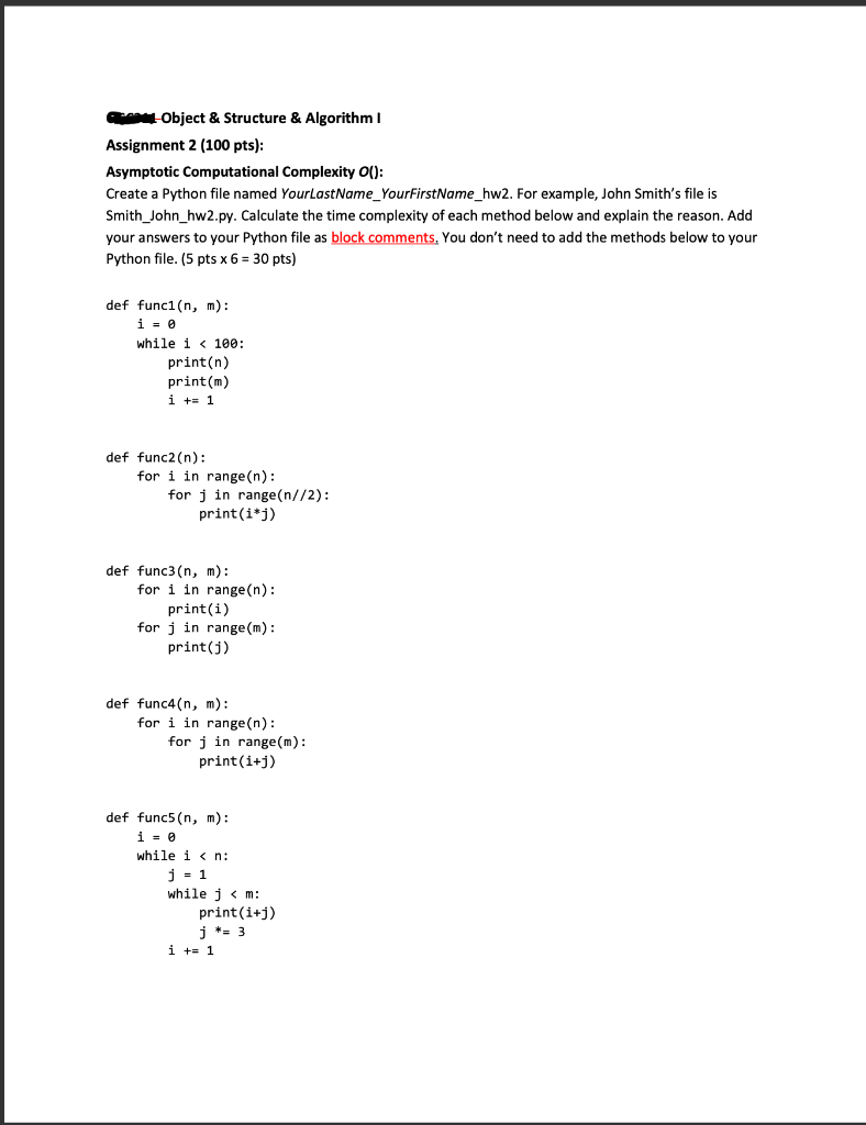  Aenobject \& Structure \& Algorithm I Assignment 2 (100 pts): Asymptotic