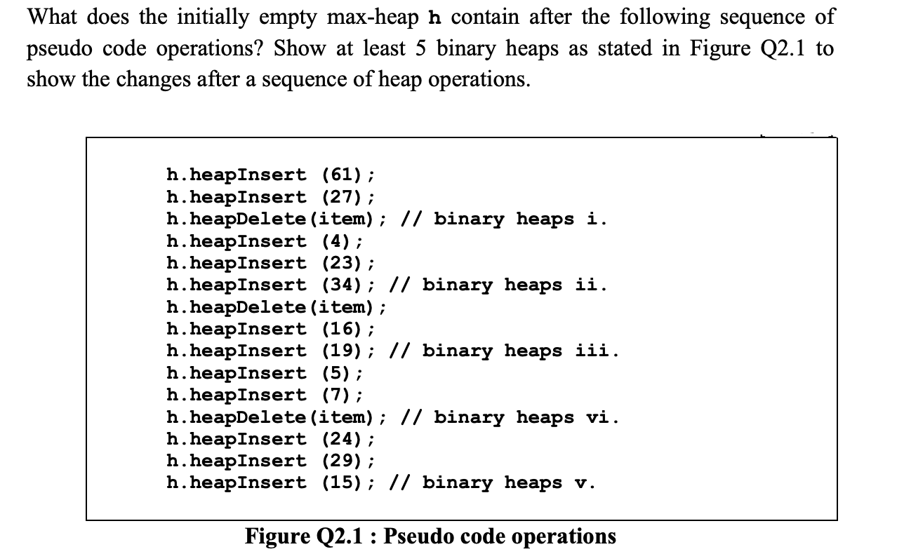 What does the initially empty max-heap h contain after the following
