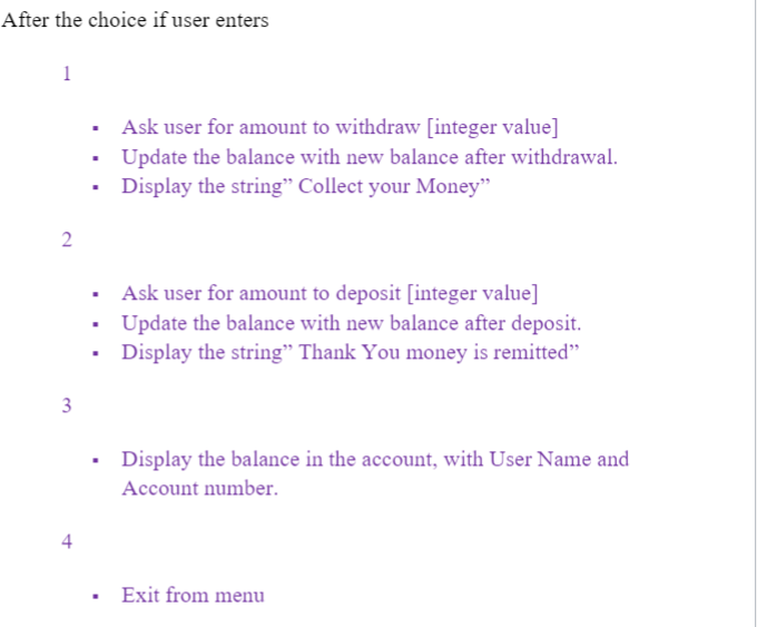 program to display a menu as given below and prompt user for
