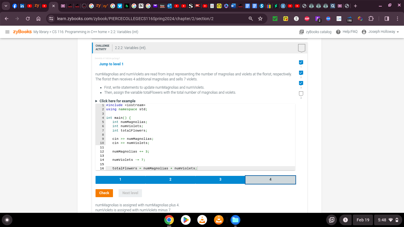  2.2.2: Variables (int) numMagnolias and numViolets are read from input representing