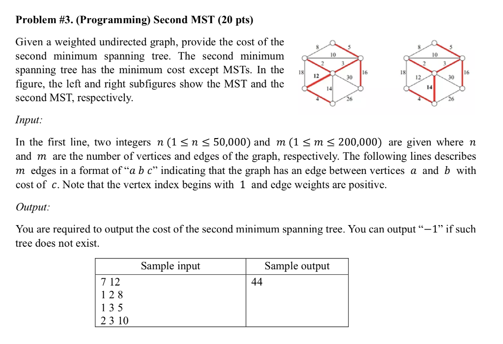  Problem #3(Programming) Second MST (20 pts) Given a weighted undirected graph,