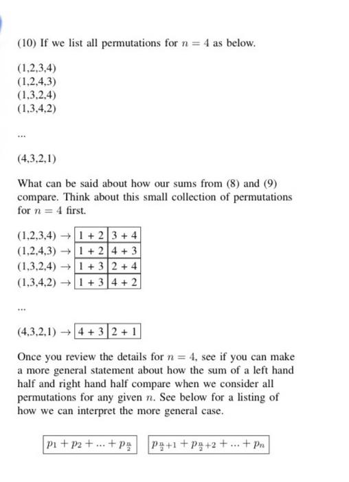  (10) If we list all permutations for n = 4 as