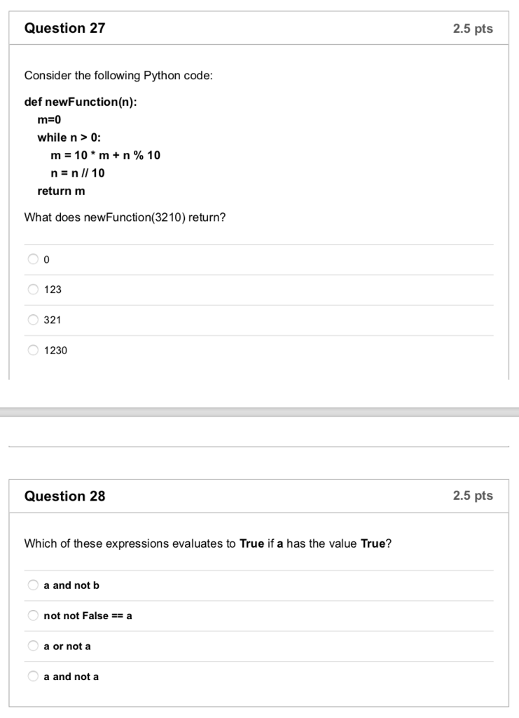 WILL UPVOTE!! Question 27 2.5 pts Consider the following Python code: def