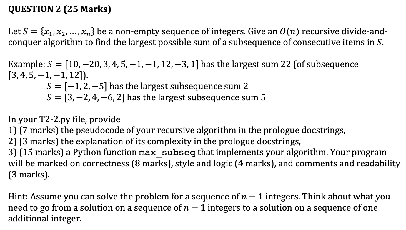 QUESTION 2 (25 Marks) Let S = {X1, X2, ..., Xn}