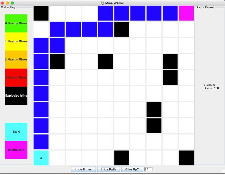 Create a MineWalker game that lets a user start from the lower-left
