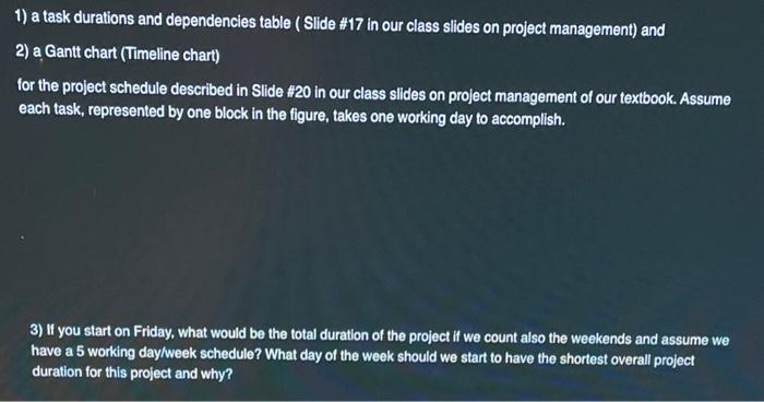  1) a task durations and dependencies table ( Slide \#17 in